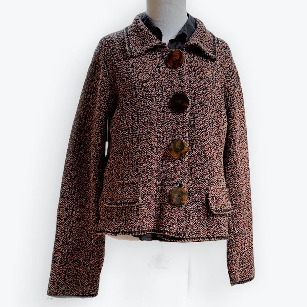 Statement Tortoiseshell Buttoned Multicolor Tweed-like Heavy Knit Sweater ~ L